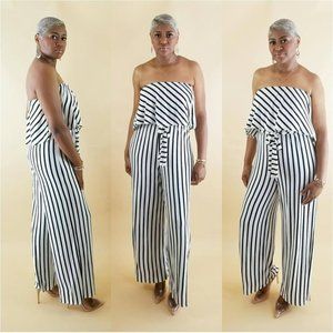Striped Off-The-Shoulder Jumpsuit Black Ivory